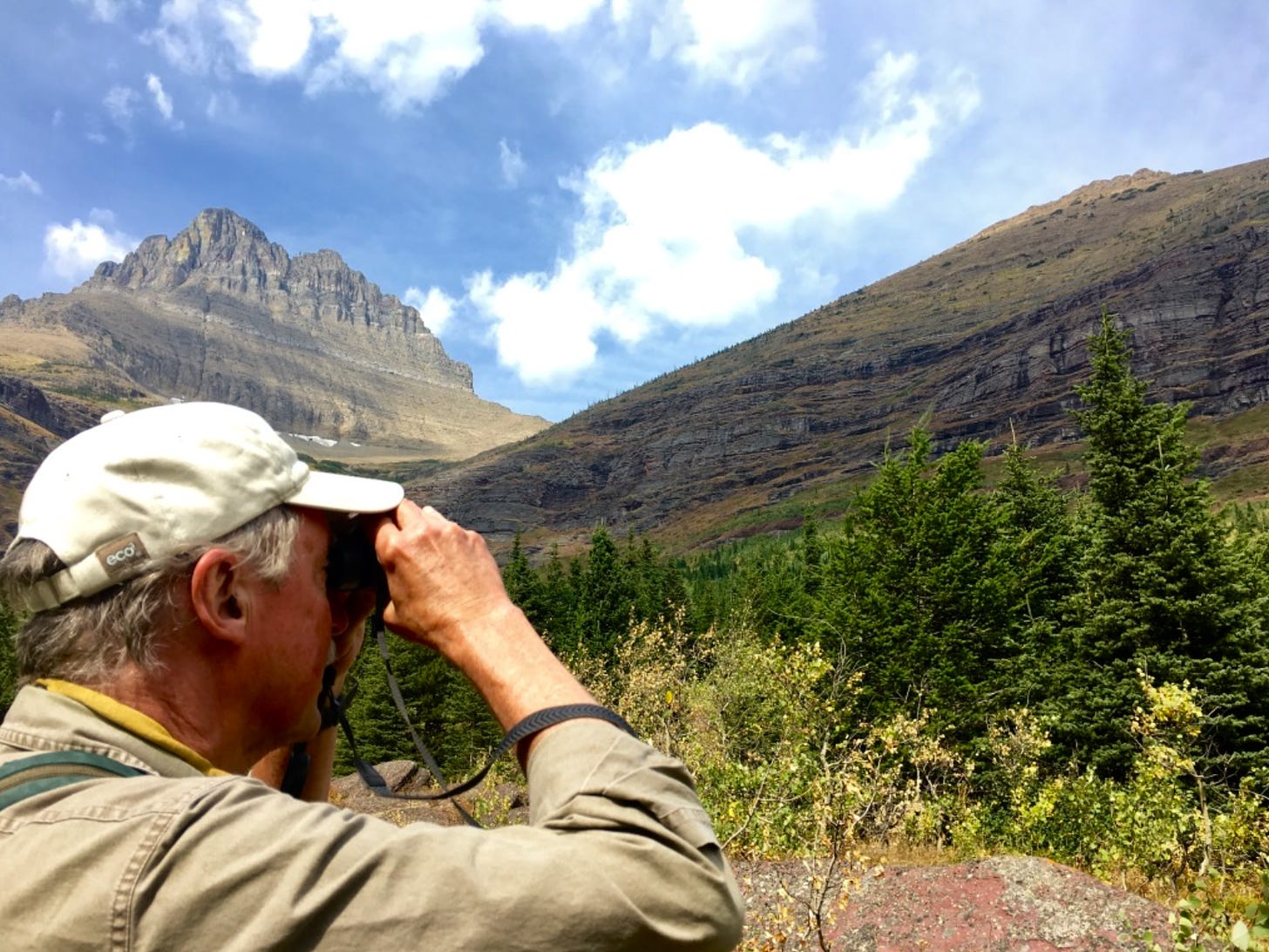 A man looks through binoculars at a mountain landscape