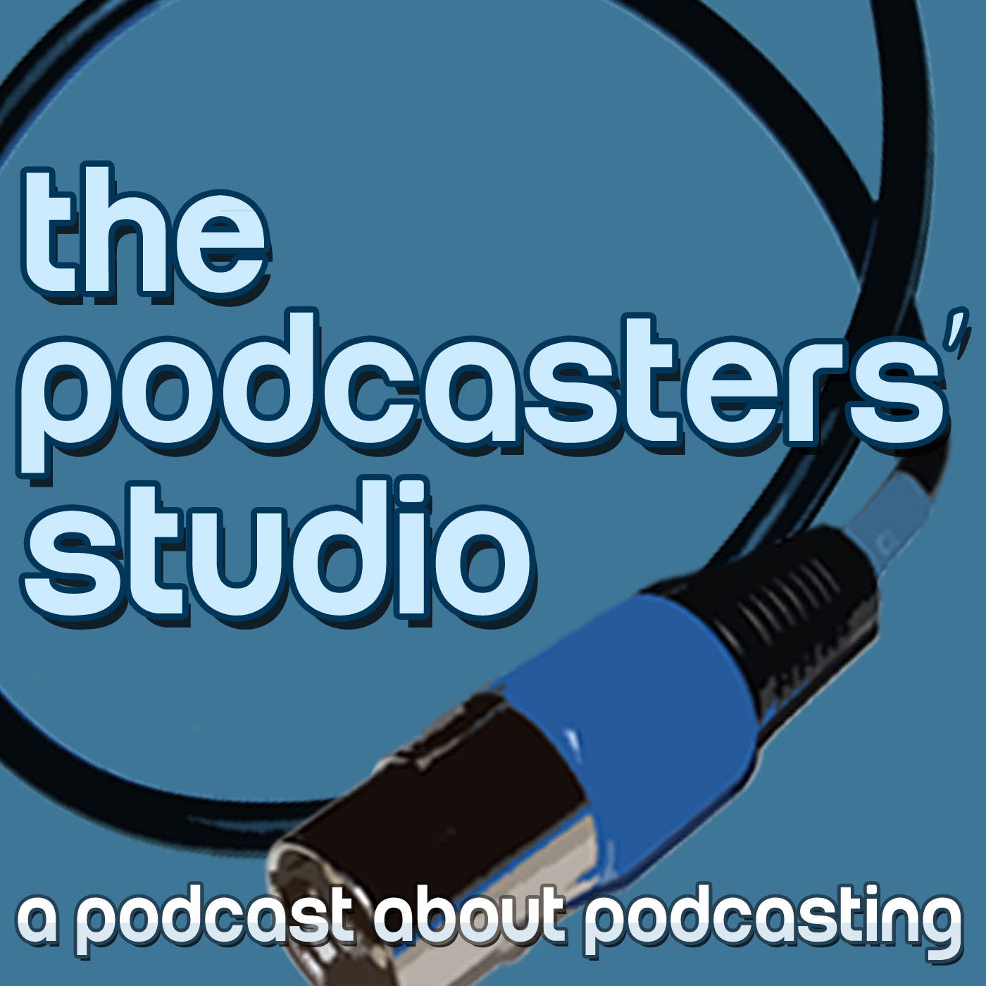 Podcast artwork van The Podcasters' studio podcast, a podcast about podcsating. Blauwe achtergrond met een opgerolde xlr kabel en de titel in de voorgrond.
