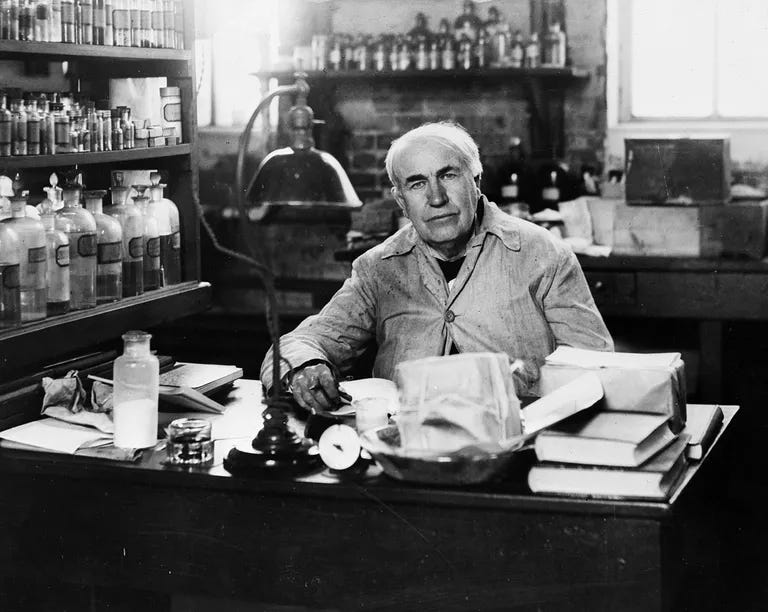 American inventor Thomas Alva Edison (1847 - 1931), in his laboratory at Orange, New Jersey.