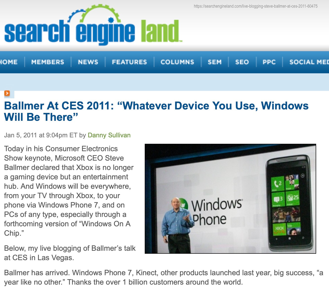 Story with headline Ballmer at CES 2011: "Whatever Device You Use, Windows Will Be There"