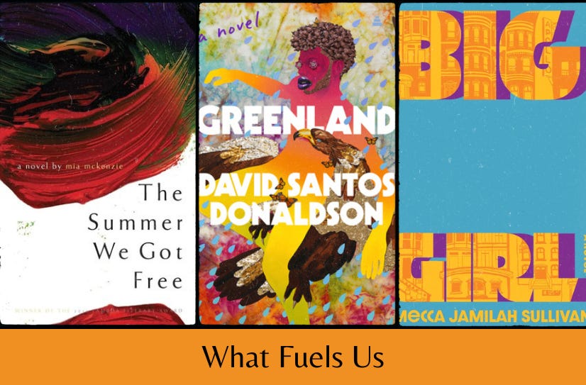Covers of the three listed books in a row above the text ‘What Fuels Us’ on an orange background.