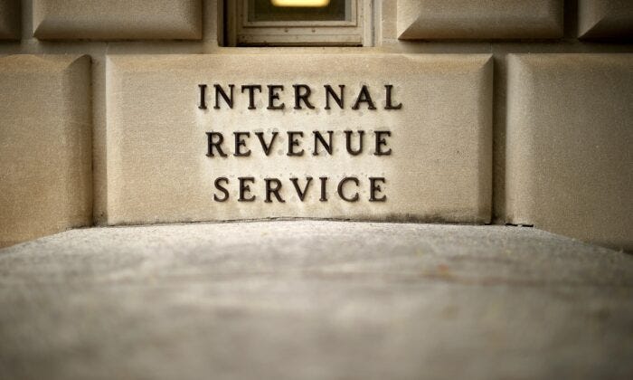 A detail of the Internal Revenue Service (IRS) headquarters building is seen in the Federal Triangle section of Washington, on April 27, 2020. (Chip Somodevilla/Getty Images)