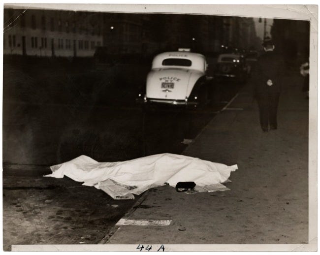 Weegee. 'Girl jumped out of car, and was killed, on Park Ave.,' c. 1938
