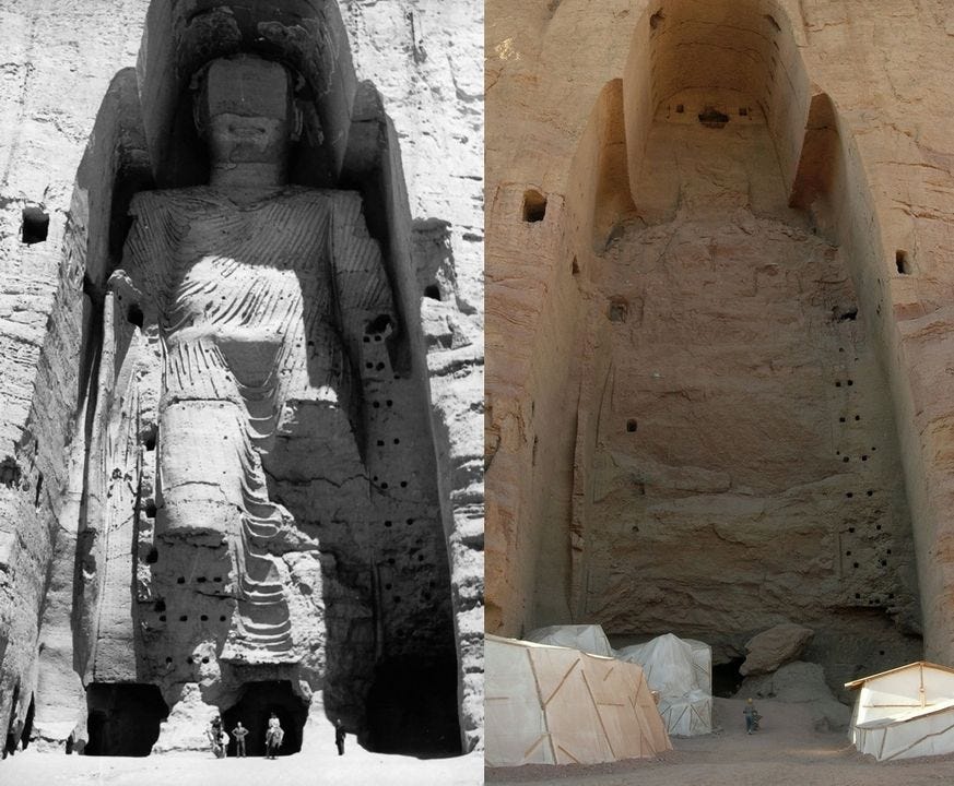 Two image side-by-side: on the left a black and white image of an enormous statue of Buddha, on the left a more recent colour image of where the status once stood