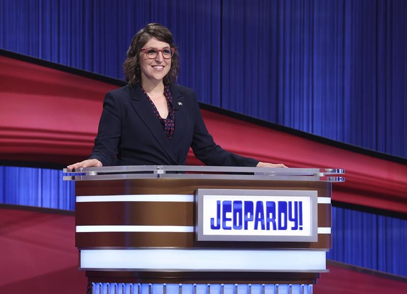 This image released by Jeopardy! shows Mayim Bialik hosting the game show series "Jeopardy!," on Aug. 24, 2021. (Carol Kaelson/Jeopardy! via AP)