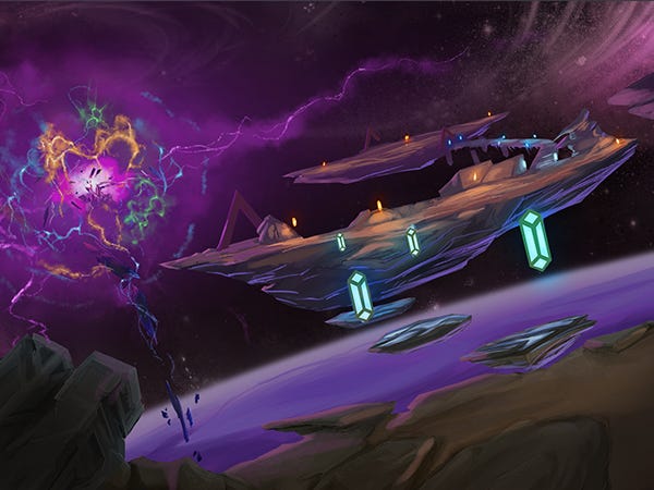 Gunnhildr environment with floating islands and a burst of colorful electricity tinting the sky purple