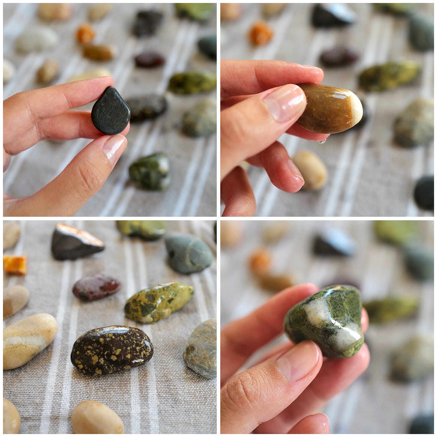 Colorful pebbles being held in close-up photos