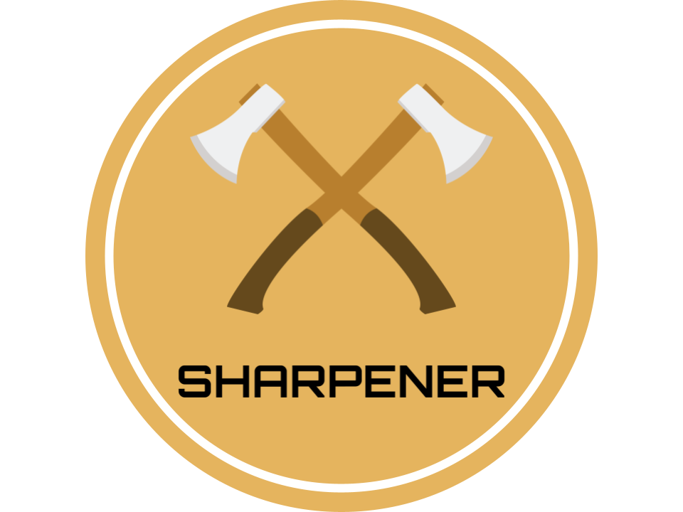 Graphic of a pair of axes with the word, "sharpener" underneath, set in a yellow circle with a white border.
