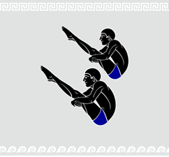 Two men in swimming caps holding their legs in the pike position of a dive.