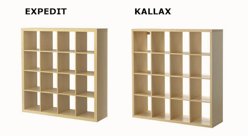 Expedit and Kallax 4x4 shelves, side by side. A bit like a spot the difference puzzle.