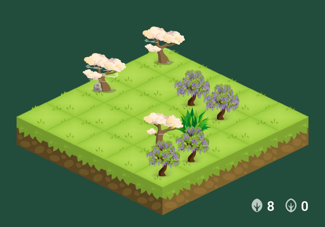 A screenshot of the Forest App, showing a few trees planted in a digital grid.