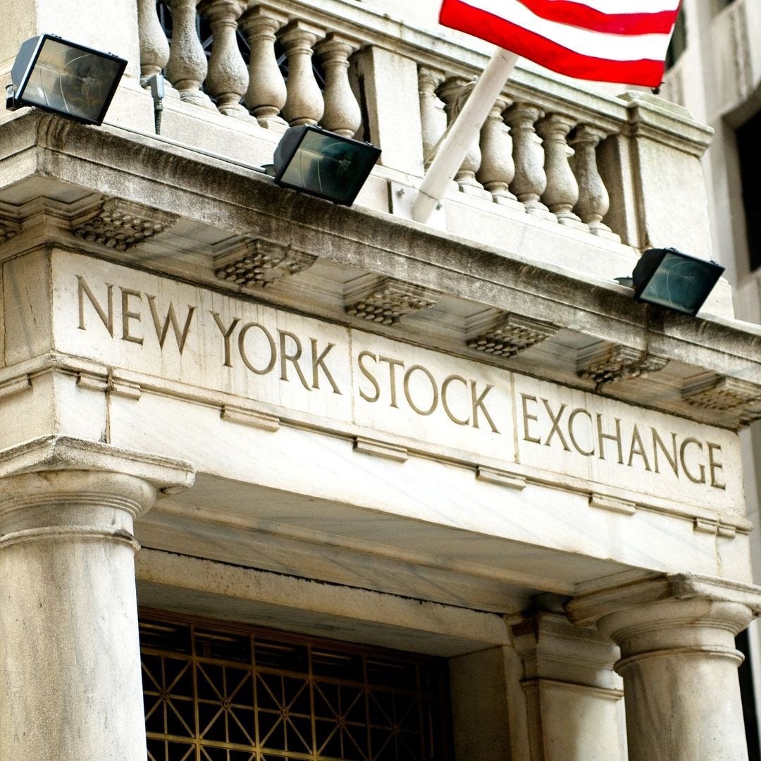 The front of the New York Stock Exchange. This stock exchange is one of the largest stock markets in the United States.