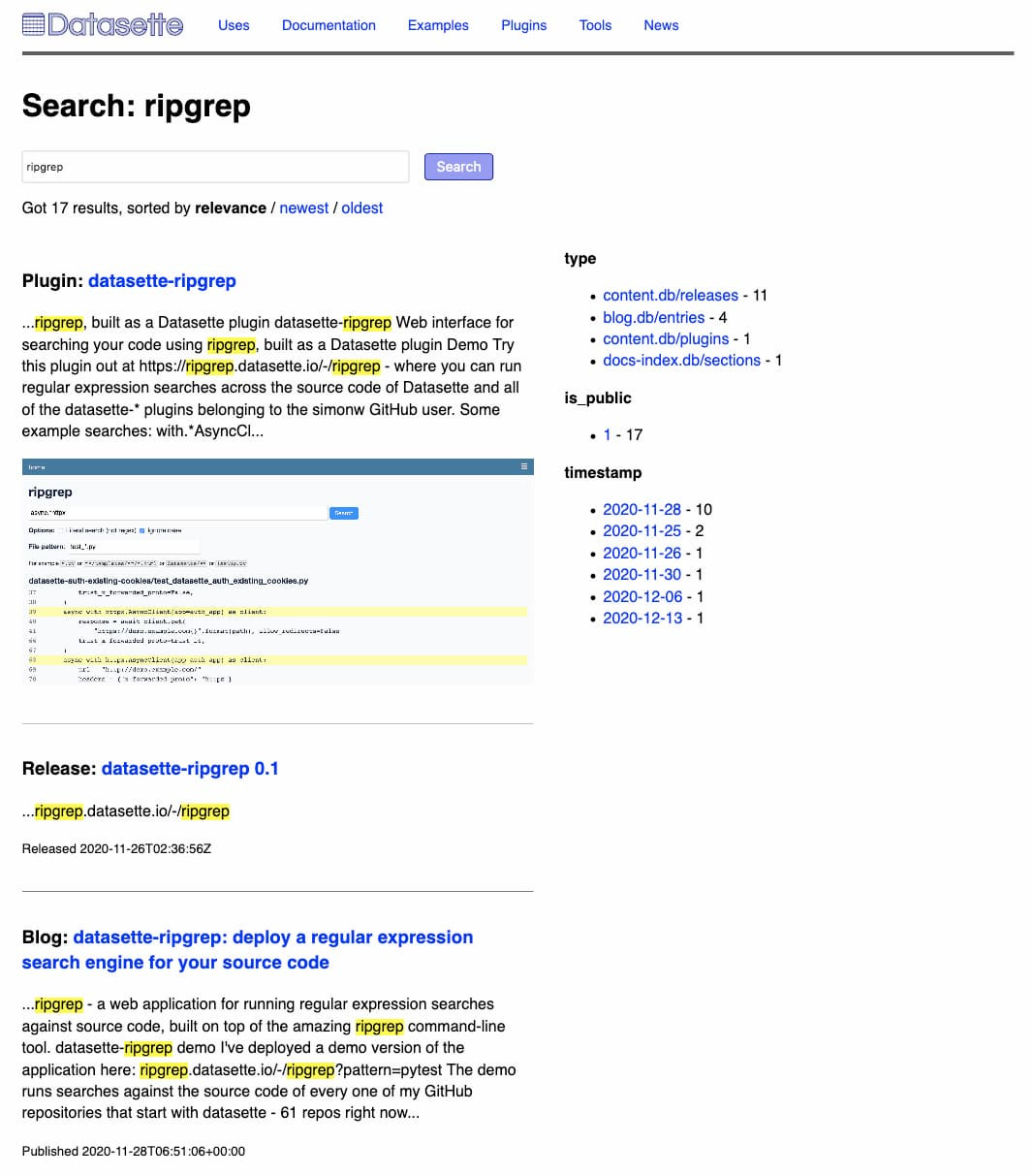 A screenshot of dogsheep.io search results for ripgrep