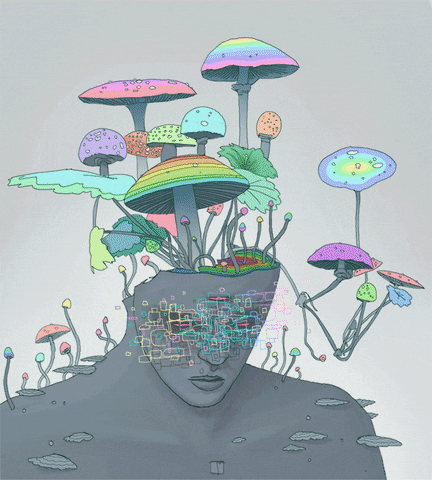 uma figura animada de um busto cinzento cujo topo da cabeça está aberto com vários cogumelos coloridos e brilhantes brotando de dentro