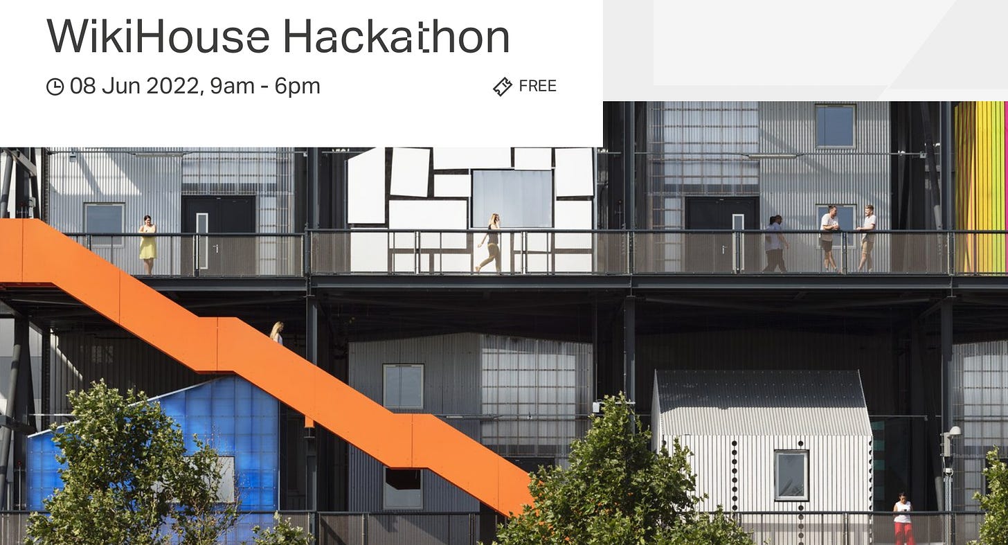 A screenshot of the hackathon event page showing the gantry studios built with WikiHouse in Stratford, London.