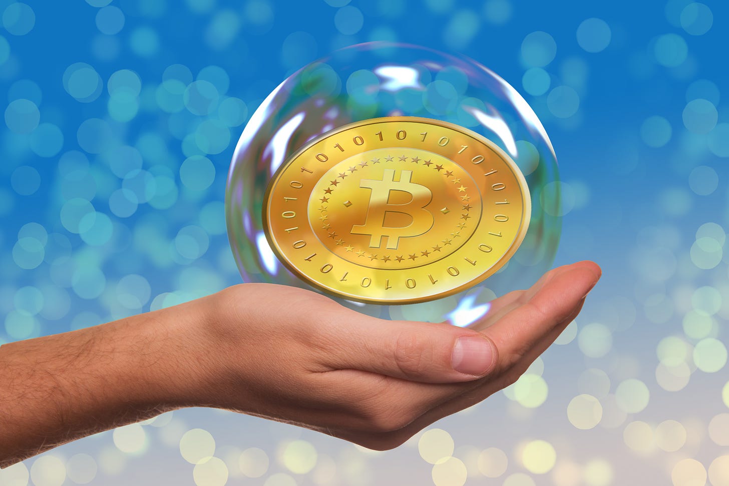 Man holding Bitcoin in a Bubble