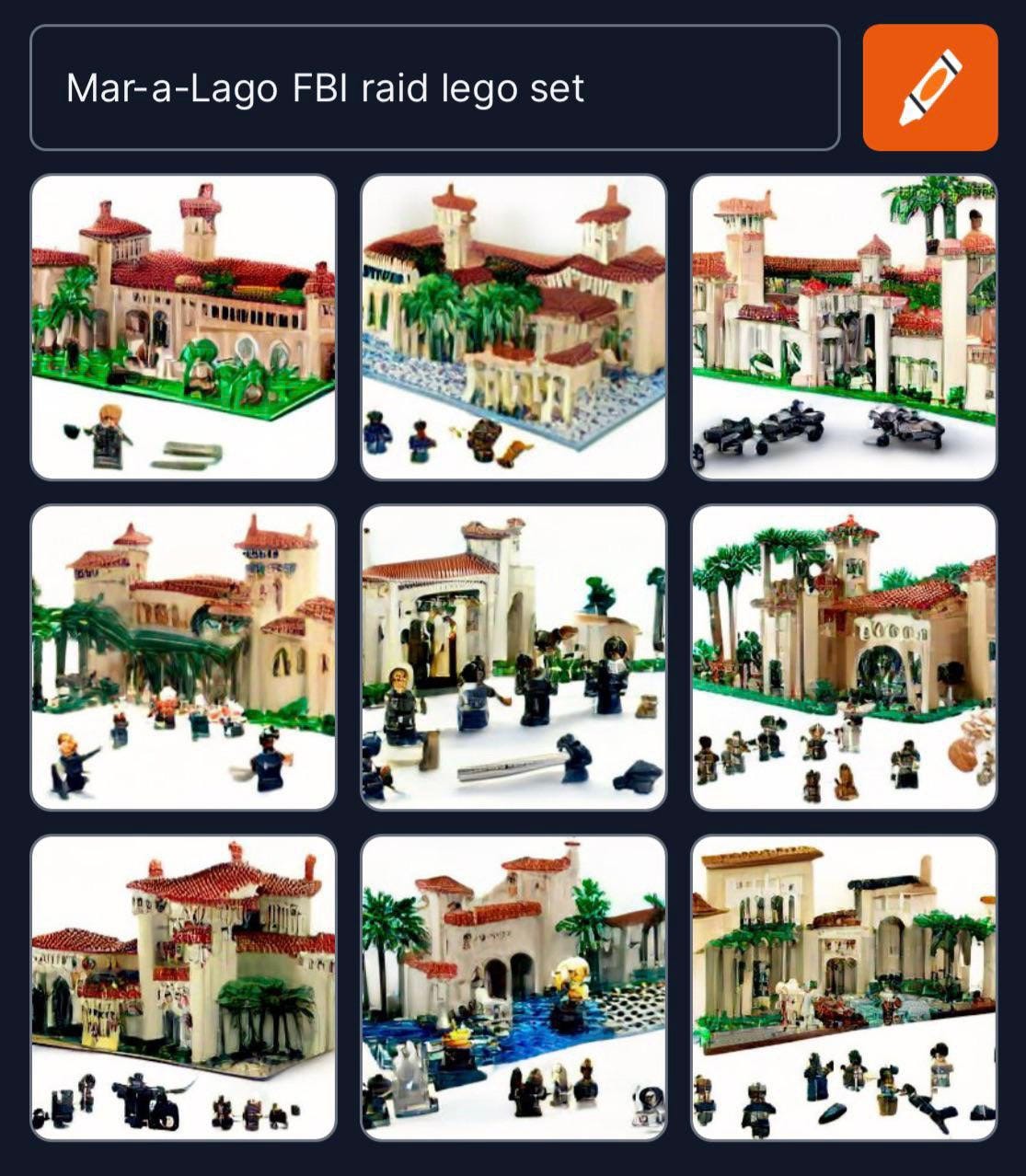 Image: An AI-created set of images of a Mar-a-Lago FBI raid Lego set