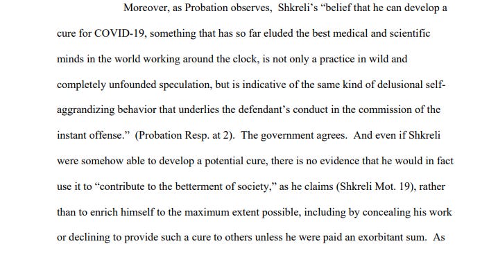 An excerpt from the prosecutors’ reply to Martin Shkreli’s request for compassionate release.