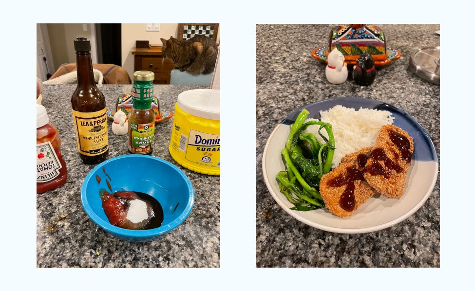two photos: one of an arrangment of sauce components, including ketchup, Worcestershire, oyster sauce, and sugar; and another photo of the finished spam katsu and sauce with rice and choi sum on a plate