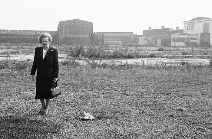 Prime Minister Margaret Thatcher seen here at what remains of the Head Wrightson works in Thornaby, Middlesbrough The Prime Minister launched her inner-city offensive on Teesside with the promise of 1,000 new jobs. The Teesside Urban Development Corporation announced new jobs created by companies such as British Telecom, Northern Ocean Services, Nissan and others, as well as schemes that would lead eventually to the creation of the Tees Barrage, Teesside Park retail centre, and the regeneration of Hartlepool marina. Margaret Thatcher came to the region with a message of hope ? but she said she had no magic wand to rid the region of its problems. But as well as announcements of new ventures, there were also protests, and Mrs Thatcher left Teesside in no doubt that many of her policies remain unpopular in the North East 12th September 1987 . (Photo by Peter Reimann/Mirrorpix/Getty Images)
