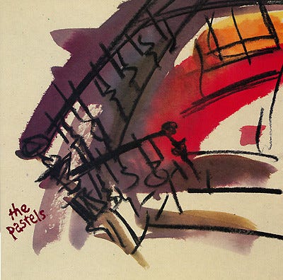 single cover with painting of stairs in crayon and washes of strong reds and purple ink