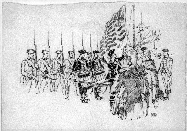 The Grand Union flag is hoisted while some soldiers stand at attention with bayonets nearby. Other soldiers look ready to beat on their drums. Ink drawing by Arman Manookian, Honolulu Academy of Arts