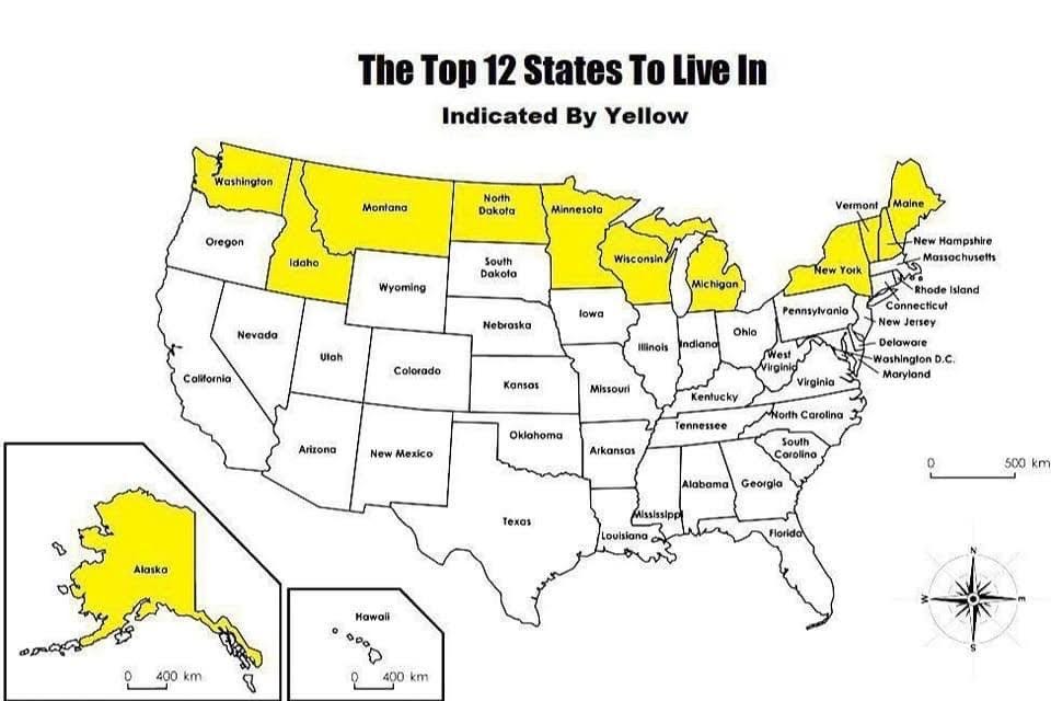 The Top 12 States to Live In are indicated in yellow. They are literally the northern states to make a joke.