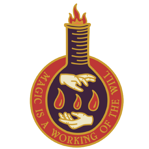 An image of the preorder incentive pin. A purple flask has fire coming out the top, and two hands circling each other with blood droplets in the middle. Around the flask says "Magic is a working of the will." The colors are red, gold, cream, and purple.