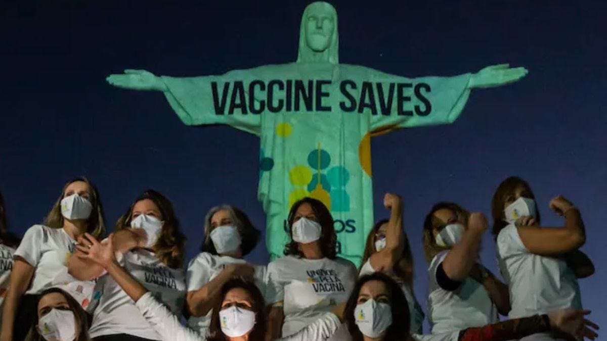 Brazil's Christ the Redeemer lights up with VACCINE SAVES, May 15, 2021, 3 years after Clade X ...