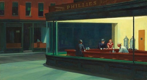 Edward Hopper, Nighthawks, 1942, oil on canvas, 33 1/8 x 60 in. COURTESY THE ART INSTITUTE OF CHICAGO, FRIENDS OF AMERICAN ART COLLECTION 1942.51. © HEIRS OF JOSEPHINE N. HOPPER, LICENSED BY THE WHITNEY MUSEUM OF AMERICAN ART. PHOTOGRAPHY © THE ART INSTITUTE OF CHICAGO.