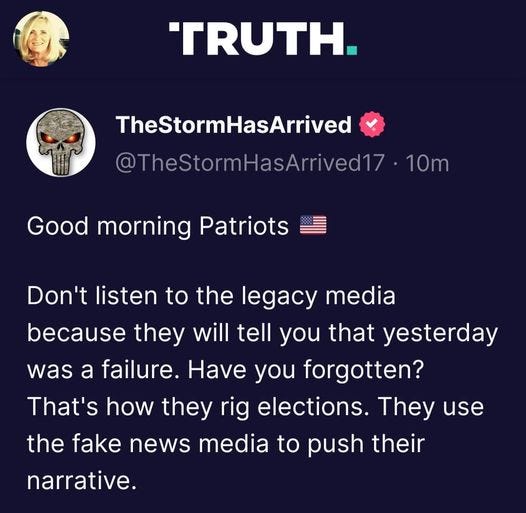 May be an image of 1 person and text that says 'TRUTH TheStormHasArrived @TheStormHasArrived17 10m Good morning Patriots Don't listen to the egacy media because they will tell you that yesterday was a failure. Have you forgotten? That's how they rig elections. They use the fake news media to push their narrative.'