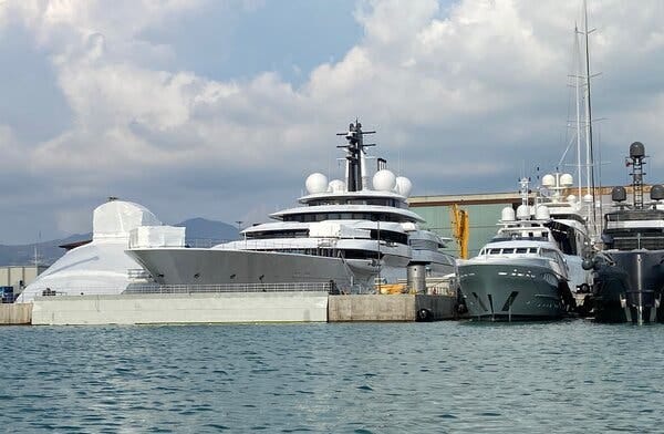 The Scheherazade dominates the waterfront in the small Italian town of Marina di Carrara where it has been moored since September.