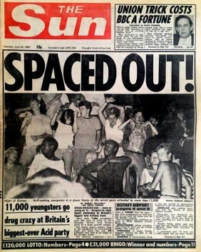 The Sun 1989 front page describing a massive acid-fuelled illegal rave.
