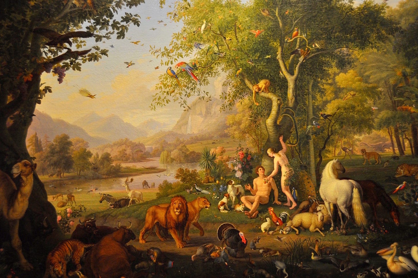 This painting is Adam and Eve in Earthly Paradise by Johann Wenzel Peter and apparently it hang in the Vatican. Pretty painting, lots of animals everywhere, river and mountains in the background, two naked people but you can't see any of the goods.