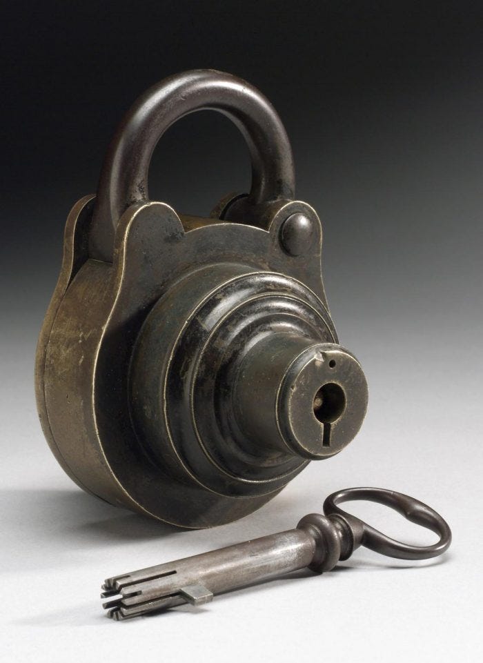 Bramah's 'Challenge Lock' and key, manufactured by Henry Maudslay in 1790. 