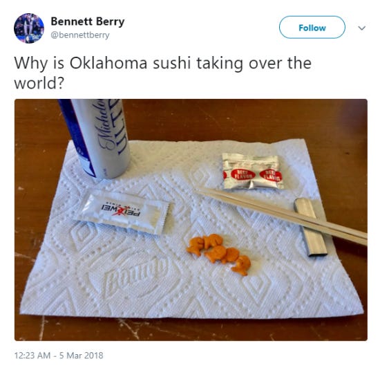 Funny tweet about Oklahoma Sushi