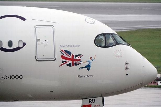 The Virgin Atlantic A350 Airbus, featuring Rain Bow ahead of departure at Birmingham airport