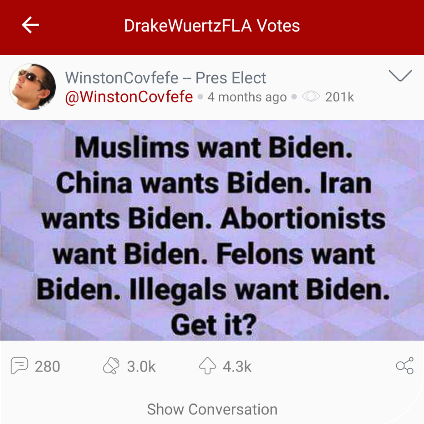 @DrakeWuertzFLA “votes” an anti-Muslim meme from “WinstonCovfefe” on Parler. (Image: Parler screenshot.)