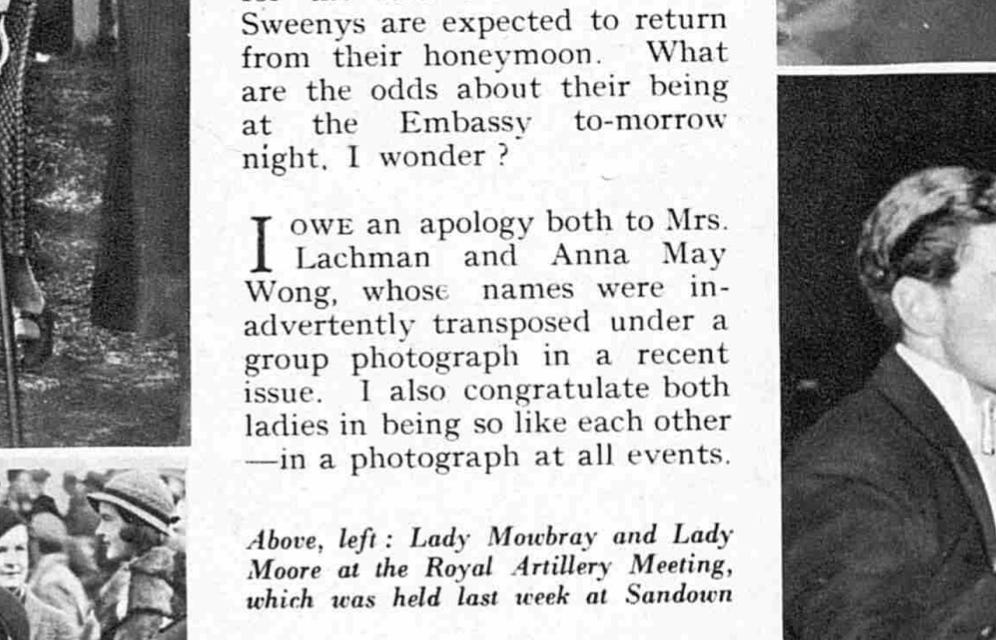 clipping of the correction in The Bystander regarding the previously run photo of the Lachmans' party for Diana Wynyard