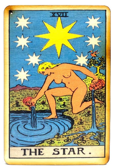 The Star Tarot Card depicts a woman kneeling near a pond of water under a starry night sky. She is pouring water from a jug in each hand. One hand pours water onto the land, the other is pouring into the pond.