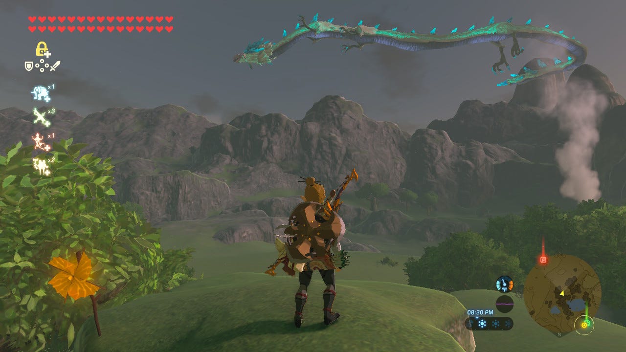 Naydra the dragon, named for the Triforce’s goddess of wisdom, makes an appearance. The pinwheel in the foreground indicates a Korok archery puzzle.