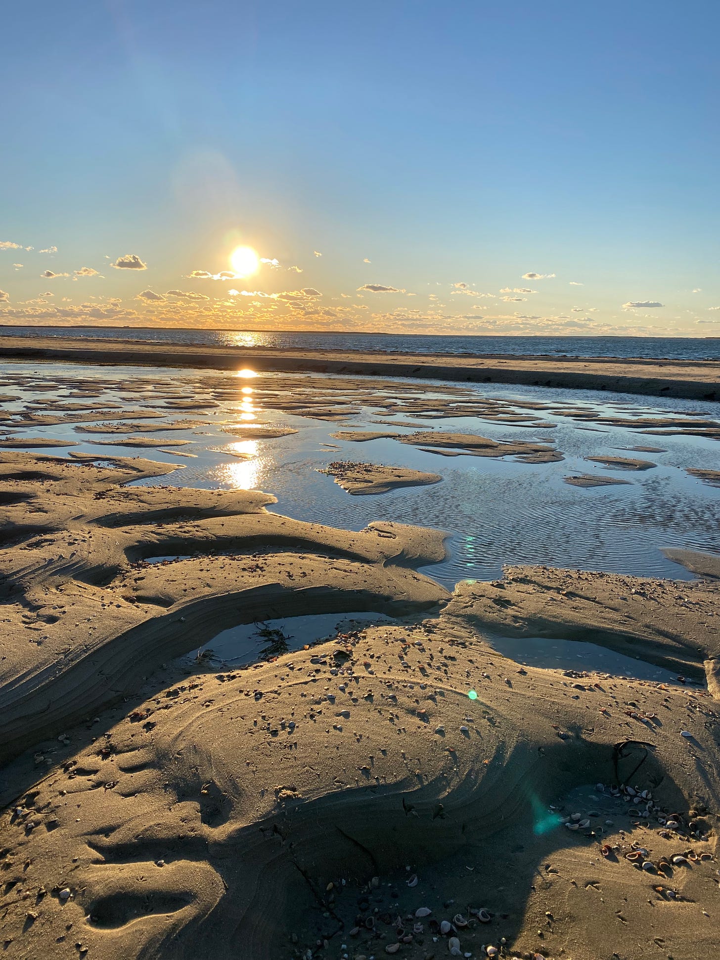 The sun is low in a clear blue sky, reflecting on the ocean. The sand makes small tide pools on the sand, with little islands of beach surrounded by glinting water.
