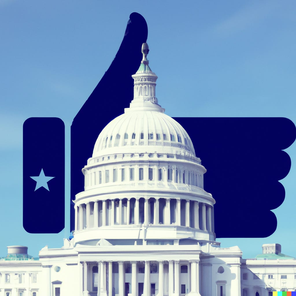 “Facebook logo hovering above the US Capitol building,” as interpreted by OpenAI’s DALL-E
