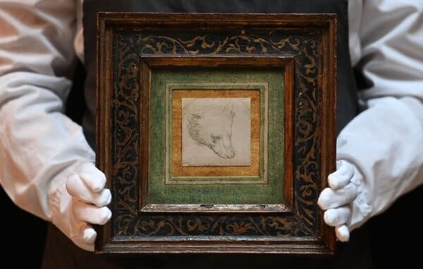 Leonardo’s delicate silverpoint study “Head of a Bear,” measuring just under 3 inches by 3 inches, sold at auction at Christie’s.