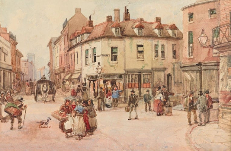Painting of a bustling medieval street scene