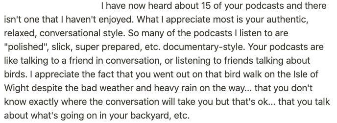 screenshot of positive feedback from a listener