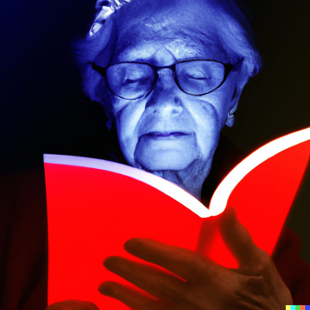 an AI-assisted image of an older woman holding a glowing red book