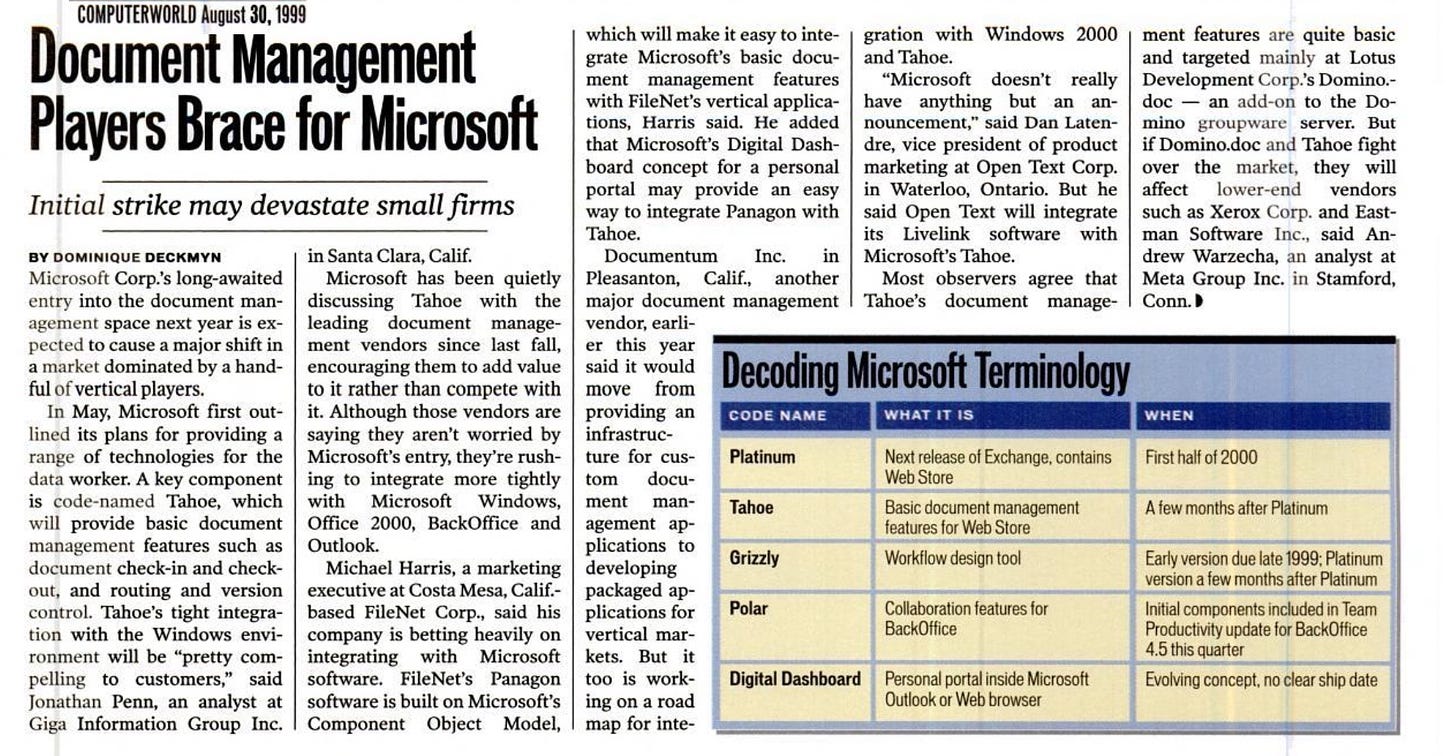 Document Management Players Brace for Microsoft which will make it easy to inte- gration with Windows 2000 | ment features are quite basic grate Microsoft's basic docu- and Tahoe. and targeted mainly at Lotus ment management features "Microsoft doesn't really Development Corp.'s Domino.- with FileNet's vertical applica- have anything but an an- doc - an add-on to the Do- tions, Harris said. He added nouncement." said Dan Laten- mino groupware server. But that Microsoft's Digital Dash- dre, vice president of product if Domino.doc and Tahoe fight board concept for a personal marketing at Open Text Corp. over the market, they will portal may provide an easy in Waterloo, Ontario. But he affect lower-end vendors Initial strike may devastate small firms way to integrate Panagon with said Open Text will integrate such as Xerox Corp. and East- Tahoe. its Livelink software with man Software Inc., said An- BY DOMINIQUE DECKMYN in Santa Clara, Calif. Documentum Inc. in Microsoft's Tahoe. drew Warzecha, an analyst at Microsoft Corp.'s long-awaited Microsoft has been quietly Pleasanton, Calif., another Most observers agree that Meta Group Inc. in Stamford, entry into the document man- discussing Tahoe with the major document management Tahoe's document manage- Conn.I agement space next year is ex- leading document manage- vendor, earli- pected to cause a major shift in ment vendors since last fall, er this year a market dominated by a hand- encouraging them to add value said it would ful of vertical players. to it rather than compete with move from In May, Microsoft first out- it. Although those vendors are providing an Decoding Microsoft Terminology CODE NAME WHAT IT IS WHEN lined its plans for providing a saying they aren't worried by infrastruc- range of technologies for the Microsoft's entry, they're rush- ture for cus- Platinum data worker. A key component ing to integrate more tightly tom docu- Next release of Exchange, contains First half of 2000 Web Store is code-named Tahoe, which with Microsoft Windows, ment man- will provide basic document Office 2000, BackOffice and agement ap- Tahoe Basic document management features for Web Store A few months after Platinum management features such as Outlook. plications to document check-in and check- Grizzly Michael Harris, a marketing developing Workflow design tool Early version due late 1999; Platinum version a few months after Platinum out, and routing and version executive at Costa Mesa, Calif.- packaged ap- control. Tahoe's tight integra- based FileNet Corp., said his plications for Polar tion with the Windows envi- company is betting heavily on vertical mar- Collaboration features for BackOffice ronment will be "pretty com- integrating with Microsoft kets. But it Initial components included in Team Productivity update for BackOffice 4.5 this quarter pelling to customers," said I software. FileNet's Panagon too is work- Tonathan Penn, an analyst at software is built on Microsoft's ing on a road Digital Dashboard Personal portal inside Microsoft Outlook or Web browser Evolving concept, no clear ship date Giga Information Group Inc. Component Object Model, map for inte.