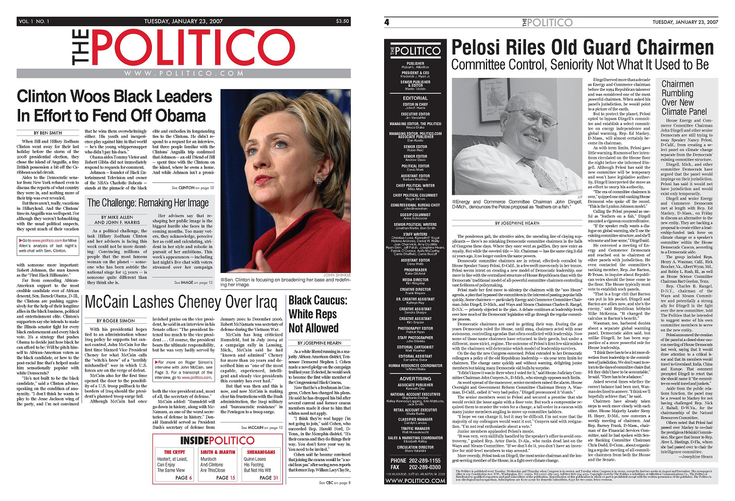 La portada (izquierda) y la página 4 (derecha), con la cabecera original, de la primera edición del periódico impreso POLITICO.