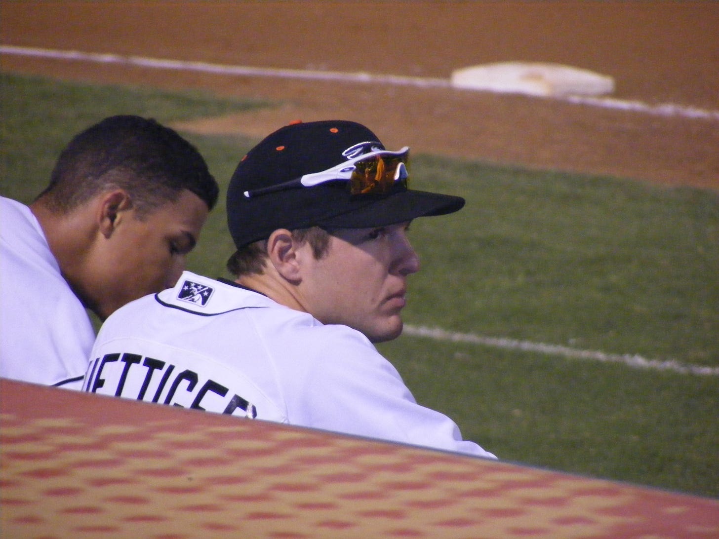 John Ruettiger looks on during a game he didn't play. That's rare of late since he's been a shot in the arm to the Shorebirds offense.